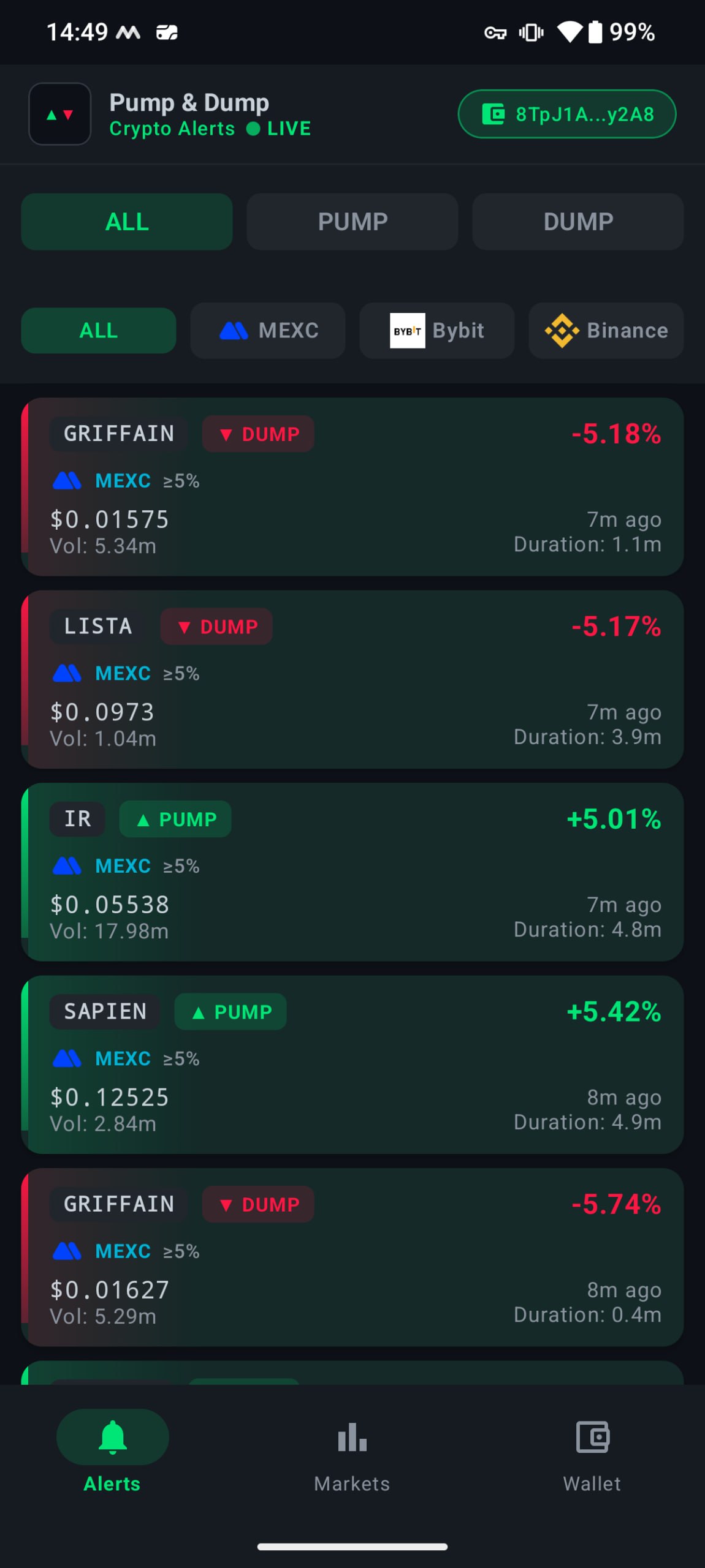 Alerts screen showing pump and dump signals