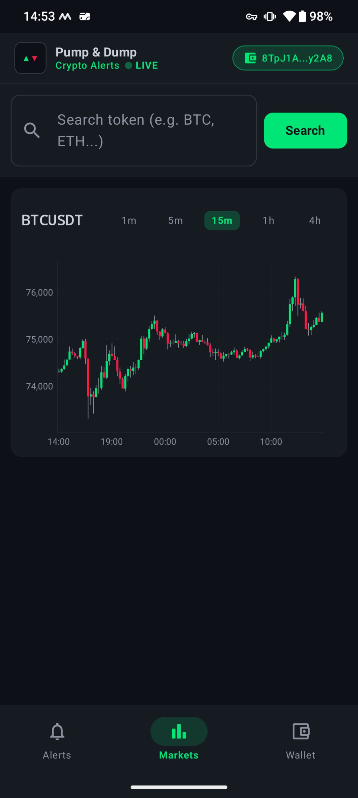 Mobile market screen with BTCUSDT candlestick chart